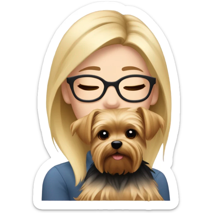 White girl blonde hair eyes closed wearing glasses hugs Yorkshire terrier  sticker