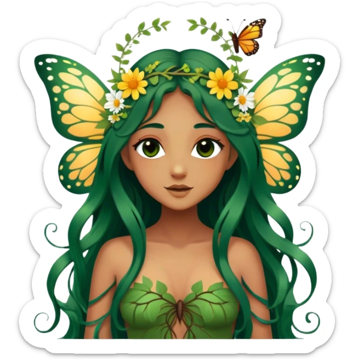 Cinematic Realistic Forest Nymph Fairy portrait, with butterfly wings and depicted with lifelike, sun-kissed tanned skin that radiates an earthy glow, softly illuminated by natural, dappled light. Her long, flowing dark green hair is intricately detailed and interwoven with delicate vines and wildflowers, while her deep, soulful eyes mirror the wisdom of the forest. Dressed in an attire inspired by nature’s palette—with subtle botanical motifs—the portrait exudes a soft, enchanted glow that melds realism with woodland magic. sticker