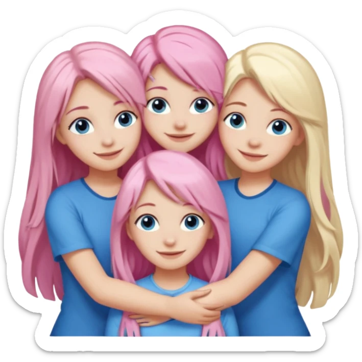 four white grips hugging and smiling    One girl with long light pink hair and blue eyes, one girl with blue eyes and light blonde hair, and 2 girls with brown eyes and long dark brown hair. sticker