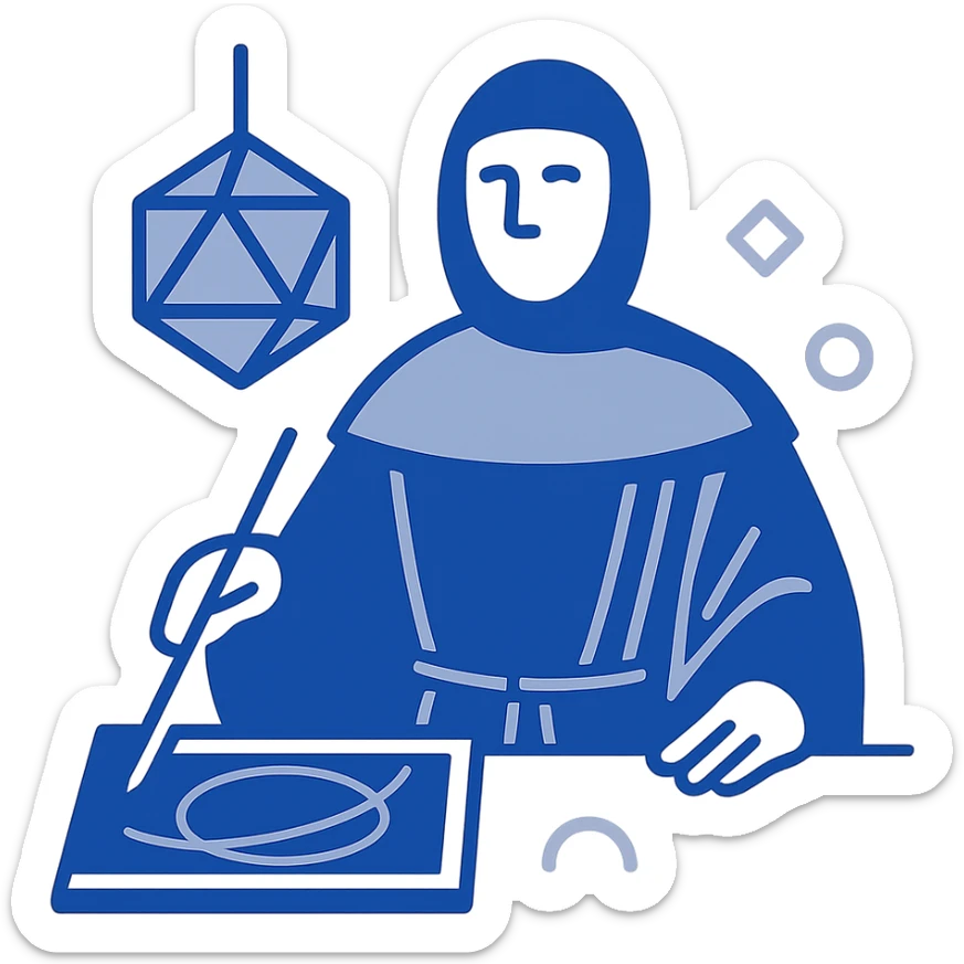 Create a flat startup logo inspired by the painting of Luca Pacioli, focusing on geometric shapes and mathematical tools, but exclude the tool to his right. Use a blue color palette, keep the design simple, minimalist, modern, and iconic with geometric and mathematical motifs from the painting. sticker