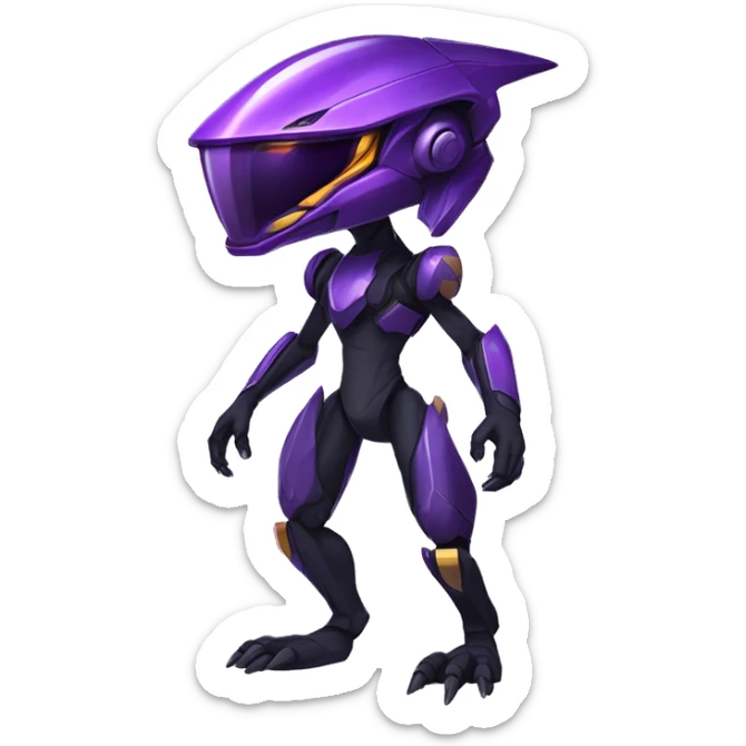 a shiny black-purple Genesect-Raptor-Fakémon—hybrid with a futuristic visor-helmet full body sticker
