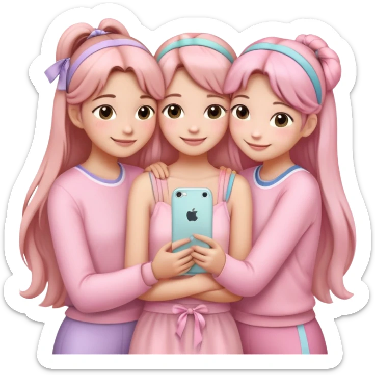 "Four girls hugging each other, all wearing soft pink clothes, two with long hair and two with shoulder-length short hair, smiling, cute iPhone emoji style, with hair accessories like headbands or ribbons, pastel color palette, soft shading, white background" sticker