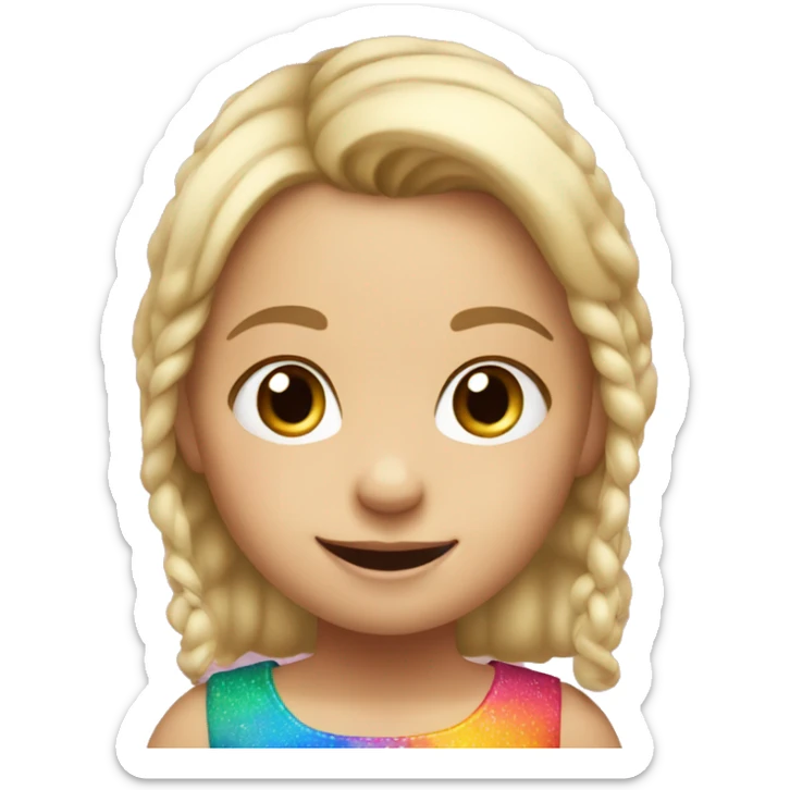 Emoji of a small white girl, 5 years old, with light hair. She has a cheerful expression and is wearing a colorful dress sticker
