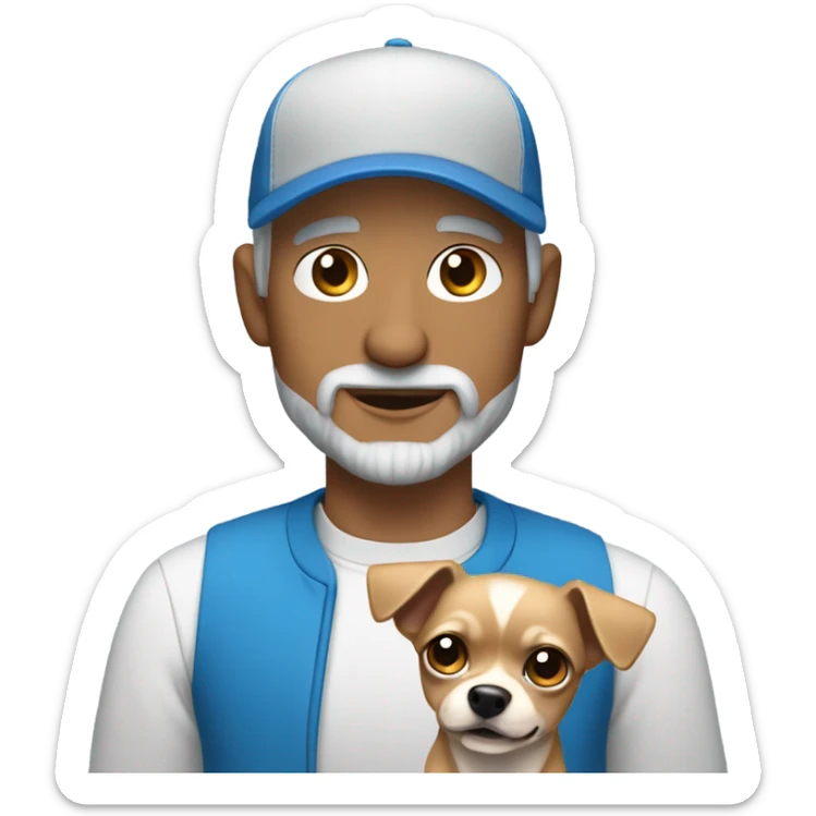 man with blue eyes gray hair and goatee wearing ball cap holding chihuahua with long black hair sticker