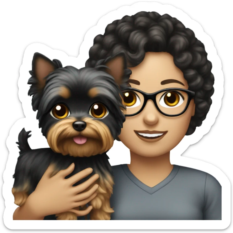 A White girl with curly black hair and glasses holding a Yorkie  sticker