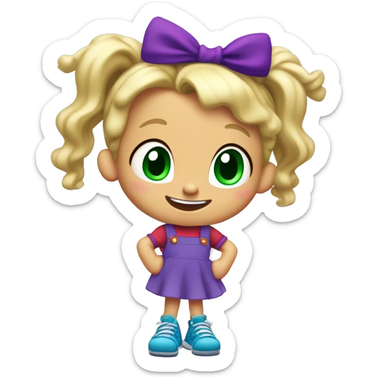 A little blonde girl with pigtails and little purple bows wearing a red long-sleeved shirt and purple overalls skirt with blue tights with green polka dots and purple sneakers, full body, rugrats sticker