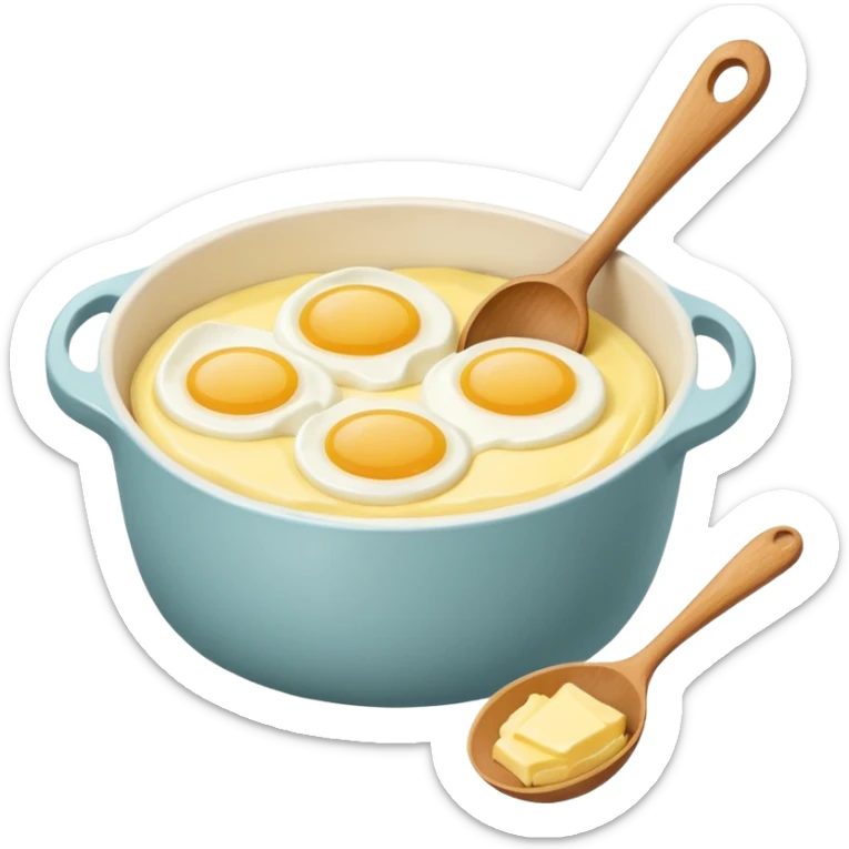 A carton of eggs, butter and a cream ceramic baking bowl with a wooden spoon in it sticker