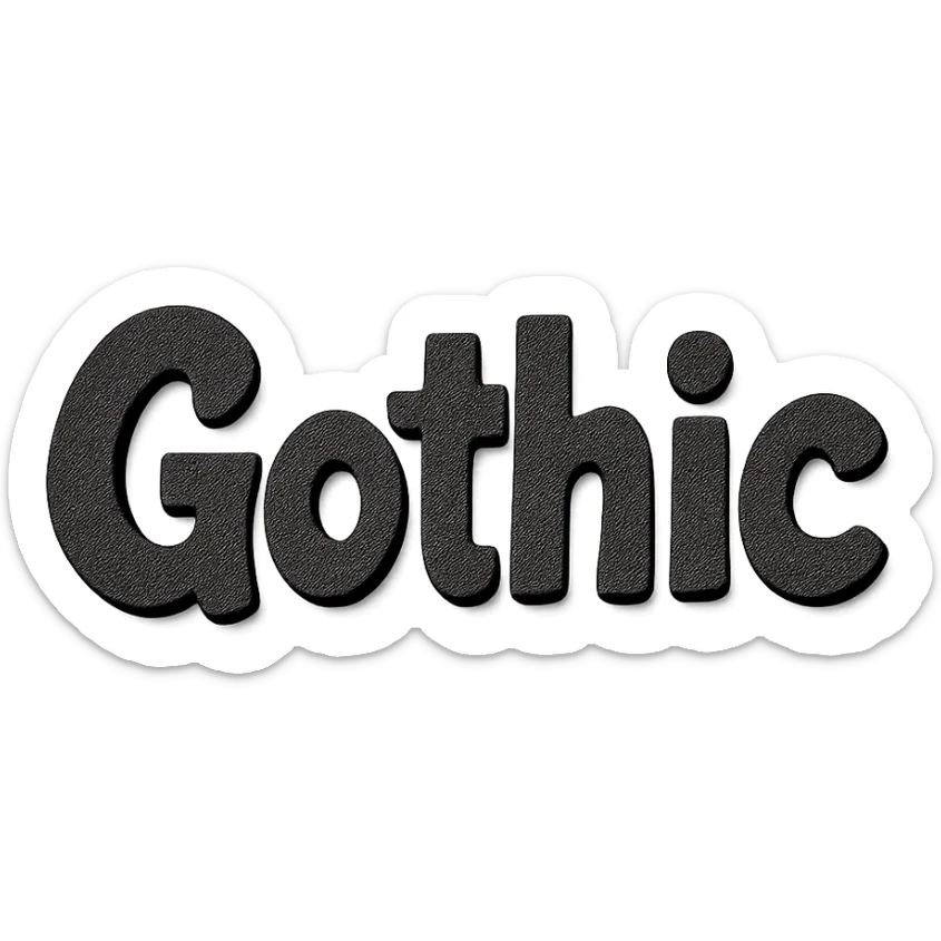 the word 'Gothic' in bold black quirky handwritten font, kawaii style, no outline, 3D paper-craft effect sticker