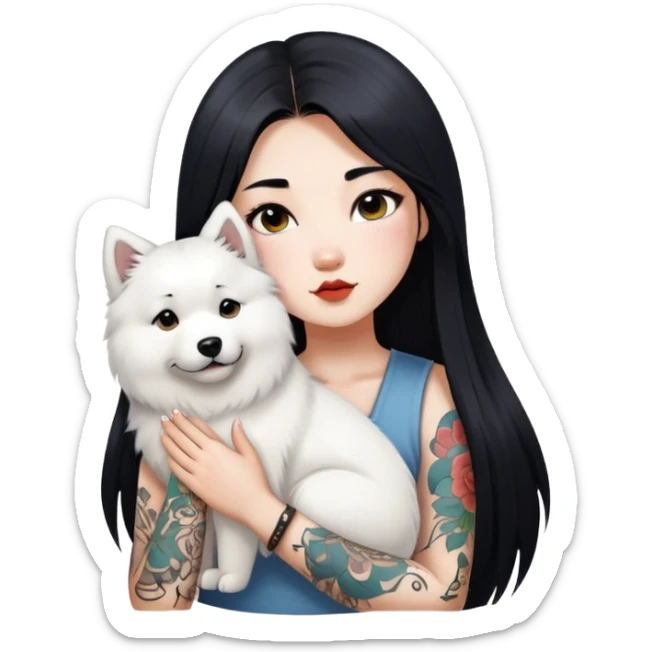 a Chinese girl with long black  straight hair and tattoos and a samoyed sticker
