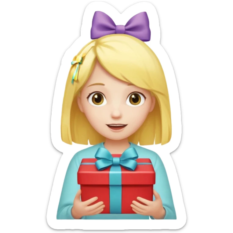 🥳🎀  sarı saçlı kız p saçının üstünde toka var tokat atmış iyi ki doğdun teyzeciğim diyor hem hediye var elimde çok kafasına tokat atmış sticker