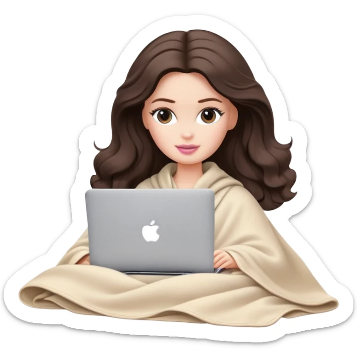 Barbie girl with a long wavy dark brown hair in pale beige clothes inside a pale beige blanket working macbook  sticker