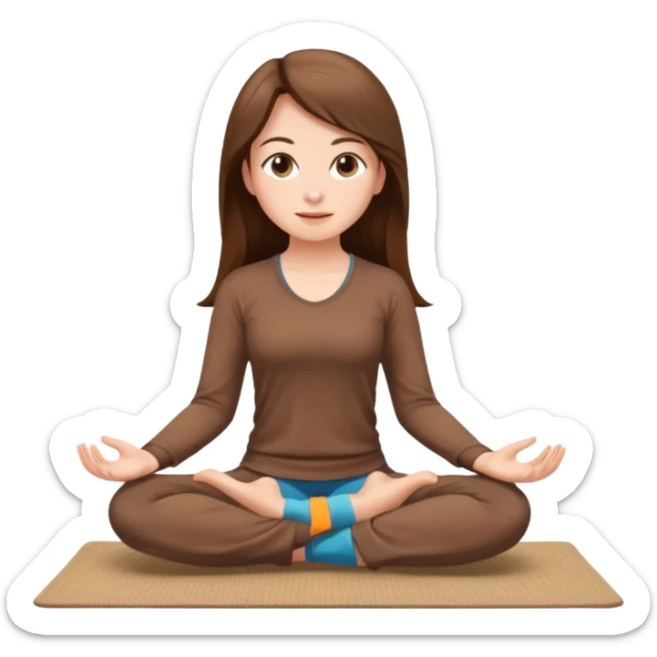 Brown long hair, white skin European girl sitting on a beige rug doing yoga, brown clothes sticker