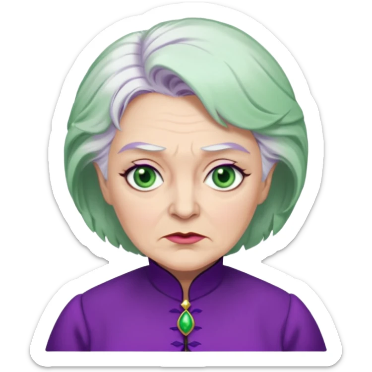 Madame Morrible from Wicked with green eyes, white hair, purple outfit sticker
