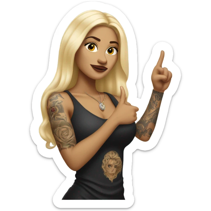 Blonde elegant women with LONG HAIR, her Body Covered with Tattoos, POINTING YOU FORWARD with her HAND with INDEX FINGER, Hyper Realistic sticker