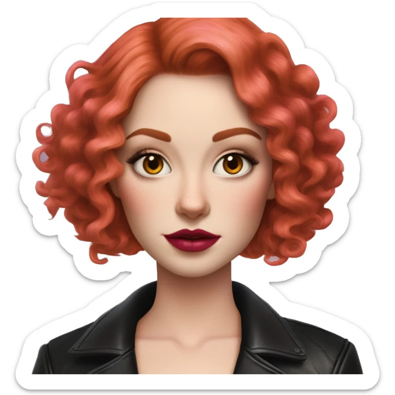 Woman with very pale skin, with bright red curly bob hair that is parted on the side, heavy eye makeup, cat eyeliner, long eyelashes, bright pink blush and bright pink lipstick.  Her eyebrows are dark, arched and very high. Wearing a leather jacket  sticker