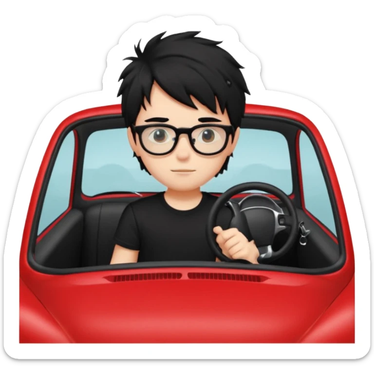 generate a pretty bratz fair skinned boy with black messy hair wearing a black tshirt driving a red car. Glasses on.  sticker
