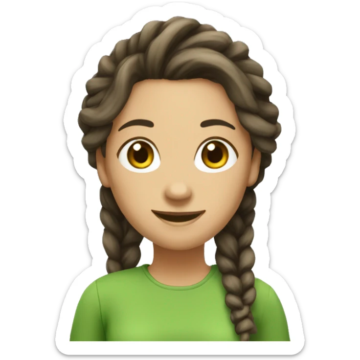 I want an emoji of a brunette woman with dreadlocks with a notebook in her hand and a green shirt with a happy look and smile sticker