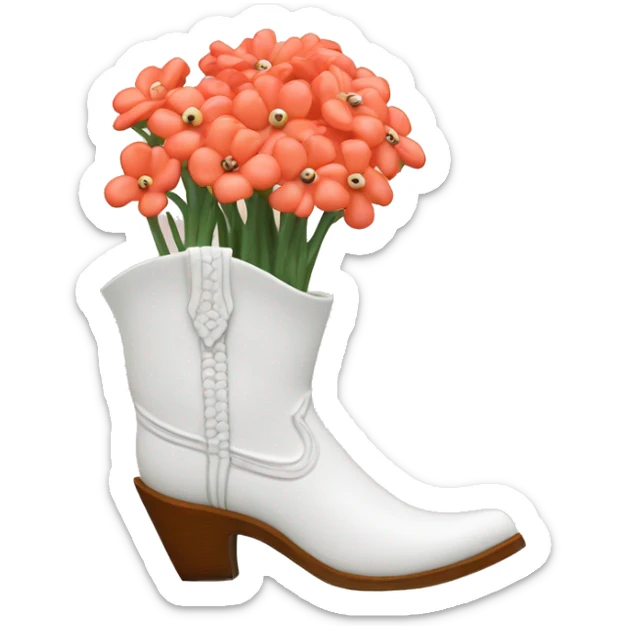 White cowgirl boot vase with coral sticking out of it sticker