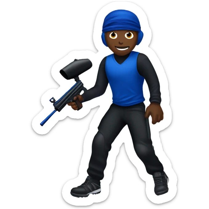 Brown skin paintball player wearing a black head band, dark blue long sleeve jersey, black pants, and running with a paintball gun in hand  sticker