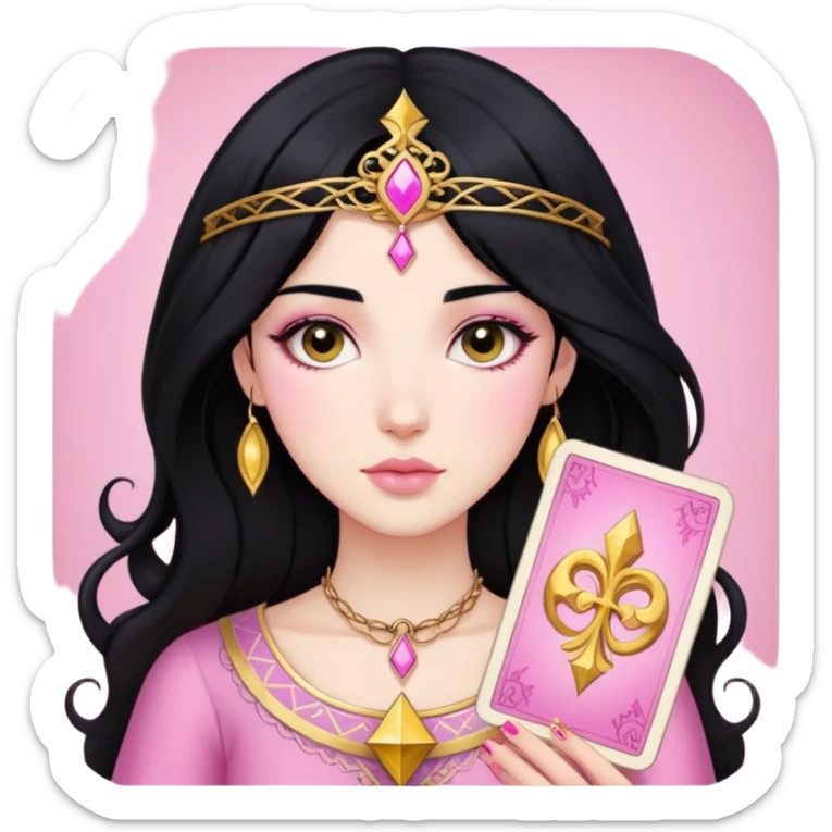 black hair girl with pink pink tarot gold cards sticker