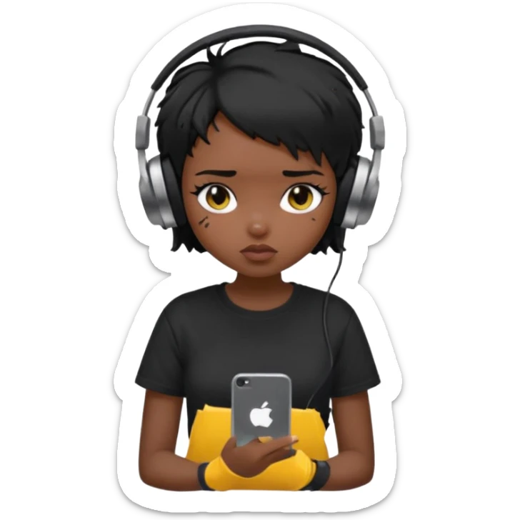 generate a pretty bratz girl with short black very messy hair, looking tired and using her phone, wearing an oversized black tshirt sticker