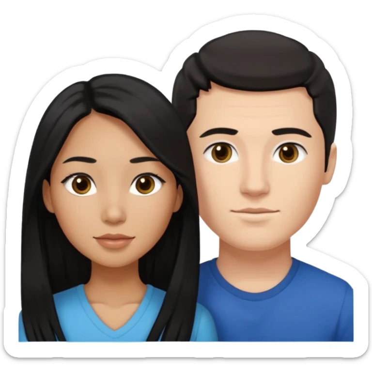 Mixed race couple, white male with mixed female (asian & black)
the female is more asian than she is black, she has long hair and very tanned skin, and black eyes
The male is french, he has thick luscious hair sticker