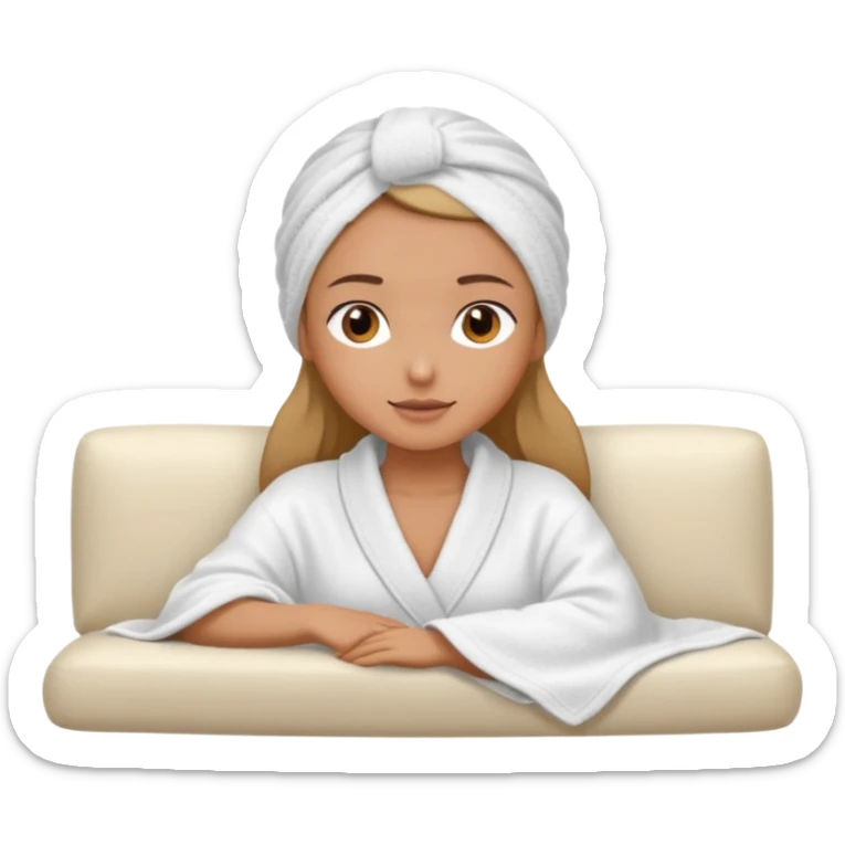 spa A contented and relaxed girl with a towel on her head in a white robe lies on a couch. The icon displays the couch and the girl in full three-quarter view. sticker