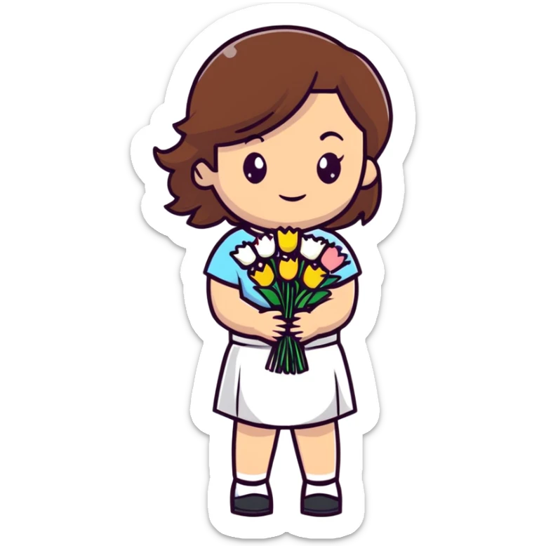 girl with brown hair wearing a white skirt holding a bouquet of flowers sticker