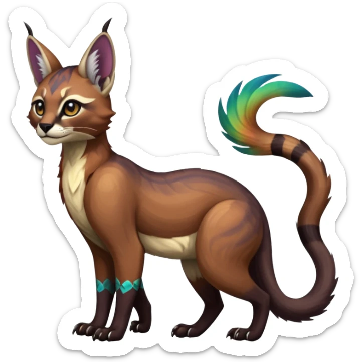 Colorful dark tropical tribal glorious iridescent divine exotic cute cool beautiful beautiful fantasy-caracal-civet-genet-sergal-vernid-Gryphon-Cacomistle-Trico-oncilla-animal-Fakémon-hybrid-fursona (full body) sticker