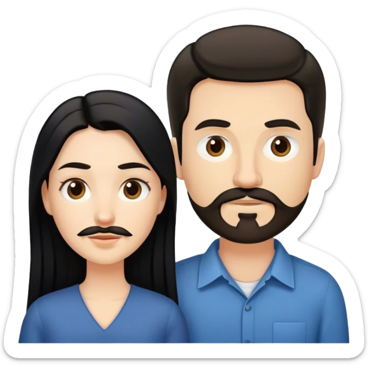 couple, a white woman with long black hair, and a white man with short brown hair goatee mustache sticker