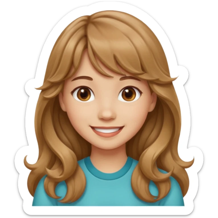 Please generate a portrait of a pretty girl with long, wavy, light brown hair and bangs, she's smiling. sticker