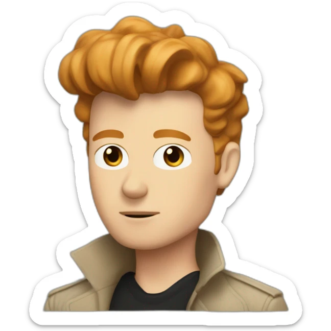 Rick Astley with ginger hair and a beige trenchcoat and a black t shirt underneath sticker