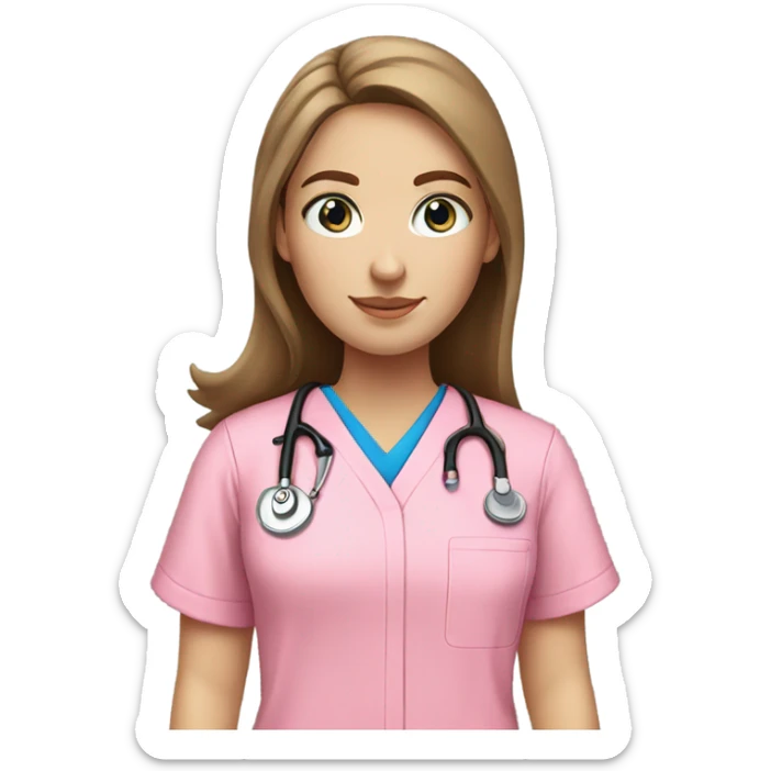 White girl with long brown hair with blue eyes in pink scrubs  sticker