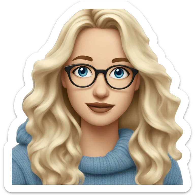 Blonde balayage long hair white women beige sweater blue eyes and small glasses holding coffee sticker