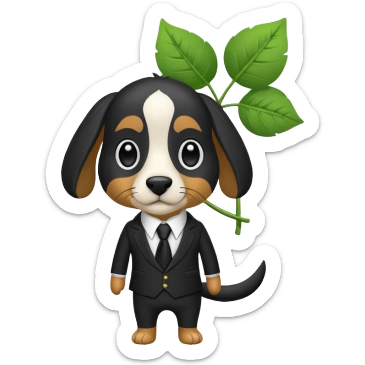 Un Springer allemand noir en costard-cravate et dans la petite poche du costard il y a un trèfle à quatre feuilles sticker