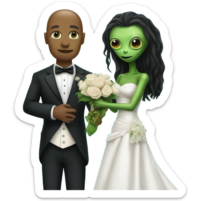 humman man in a tuxedo holding, Alien reprilian woman in wedding dress, and one , hands getting married sticker