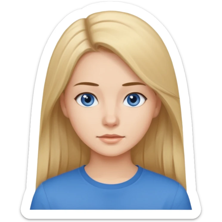 young woman with straight hair with a blue shirt sticker