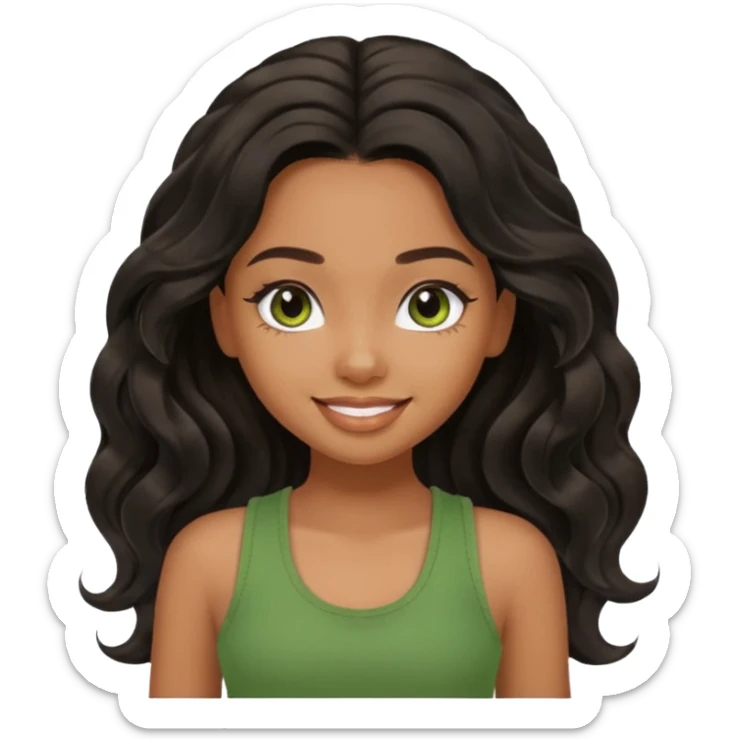 a pretty bratz brown girl with long wavy black color hair, brown eyes and green tank who is smiling sticker
