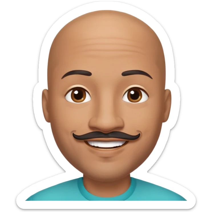Oxumarê as a very happy smiling 37-year-old bald Black man with smooth oval head, indigenous facial features, mustache with goatee (no hair on sides of face), contour from chin to lips, and a beauty mark on left side below lip, Memoji style sticker