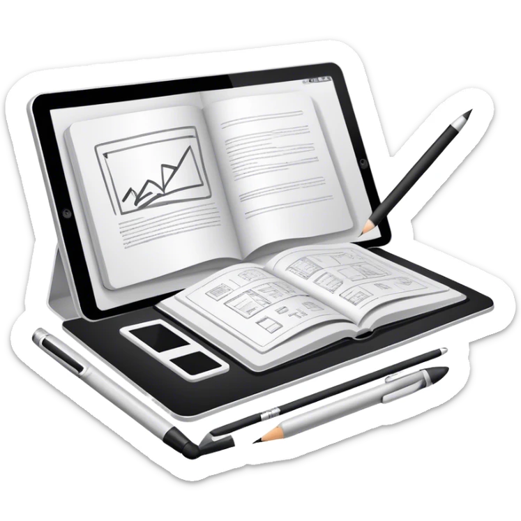 Illustration icon, pencil, paintbrush, gel pen, graphic tablet or monitor with digital illustration, open book with sketches, minimalistic style, clean lines, transparent background. sticker