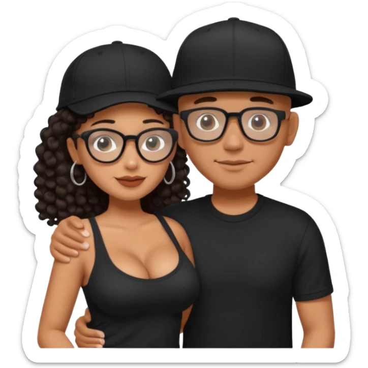 A picture of an embracing tanned couple. the man is a Mexican man with tanned skin, with a bald hair cut wearing a SnapBack hat and a black shirt. the woman wearing black glasses, with long curly dark brown hair and with big boobs.  sticker