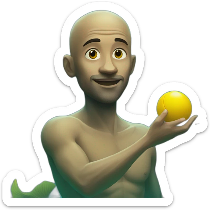 Underwater man mermaid swimming, bold with no hair, holding a small yellow ball, winning enthousiasm sticker