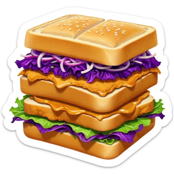 Burning hot, spicy,  stacked chicken sandwich — two thick golden toast slices, a crispy breaded chicken fillet, green lettuce, and purple cabbage slaw, with glossy dark sauce dripping down the sides. sticker