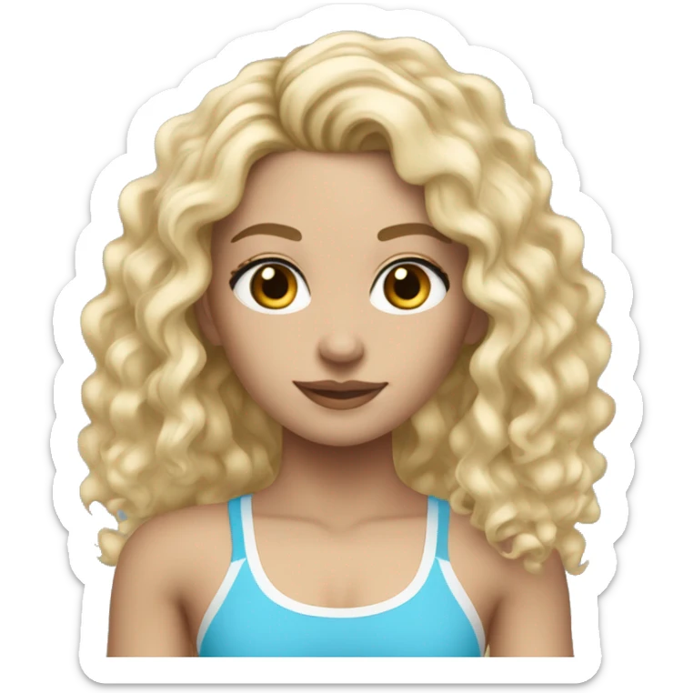 White girl at gym curly hair blonde-ish blue gym clothing set  sticker
