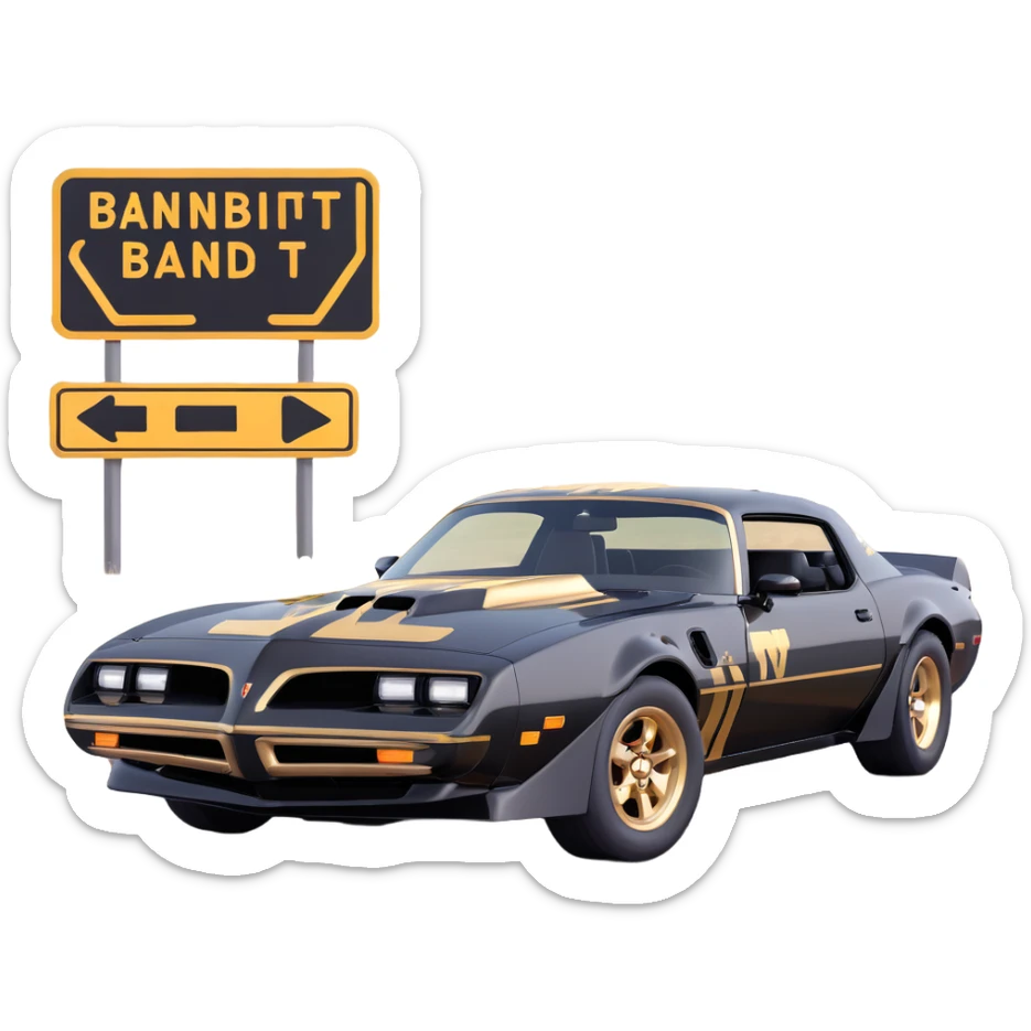 black Bandit-style Trans Am car with gold accents driving past classic American road signs sticker