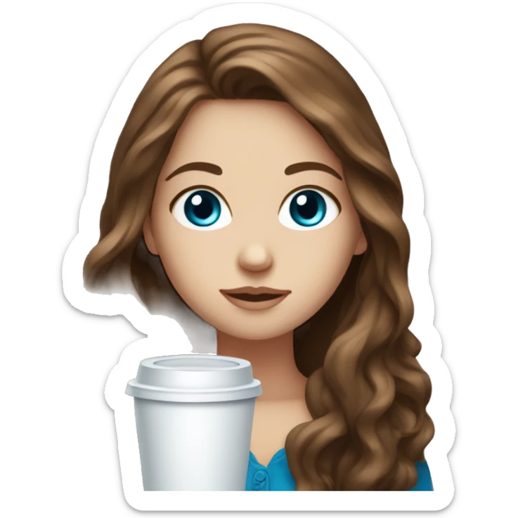 white girl with brown long hair and blue eyes and a coffee sticker