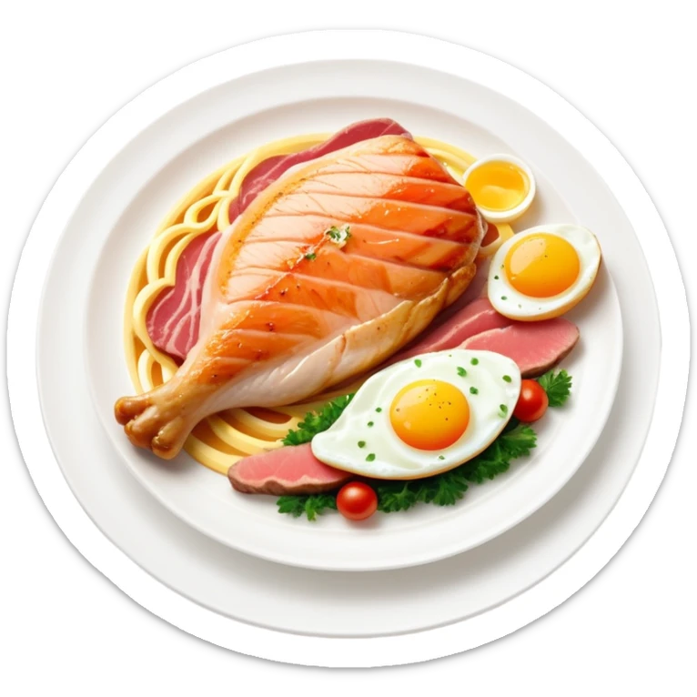 Floating plate with protein foods: large golden chicken breast in the center, smaller salmon fillet, red meat steak, and an egg, all orbiting a DNA double helix, with energy rays connecting to a muscular figure silhouette sticker
