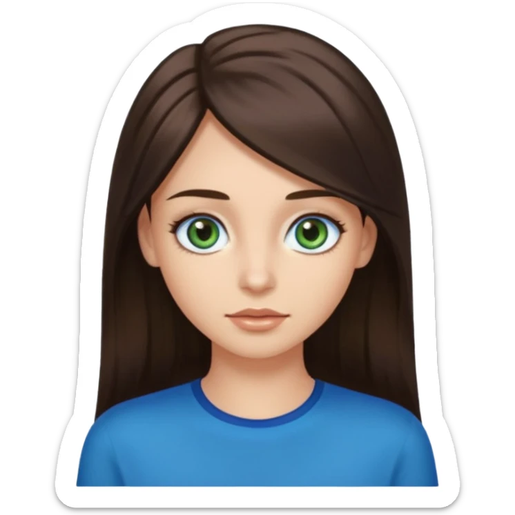 long dark brown hair with highlights in the front, big blue eyes clear skin with neck and green top on add long eyelashes sticker