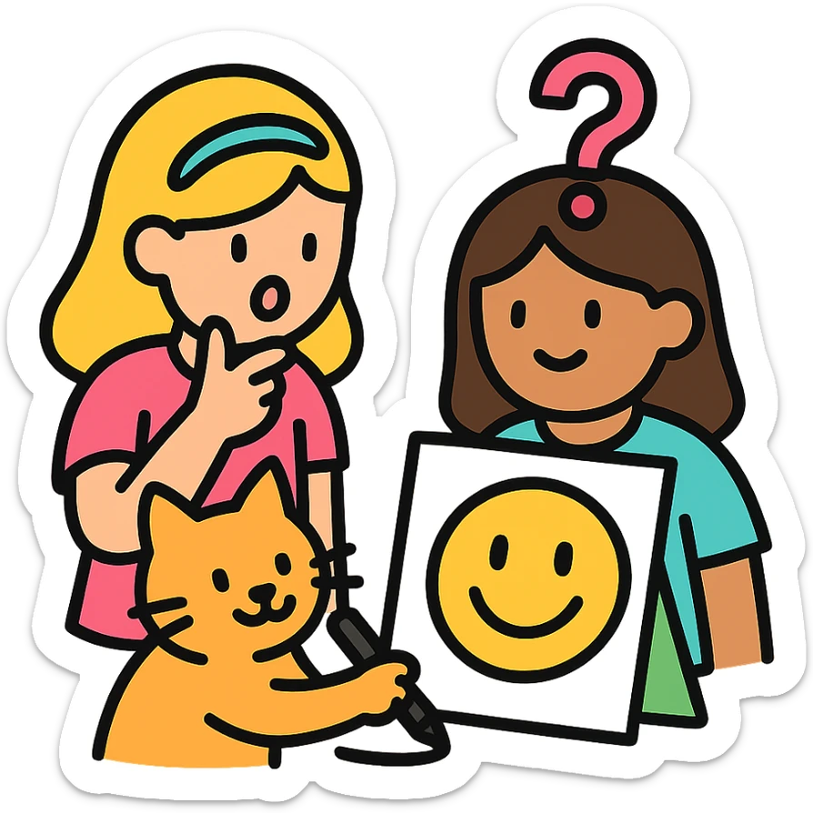 two girls guessing as a kitty draws an emoji, vibrant color icon sticker
