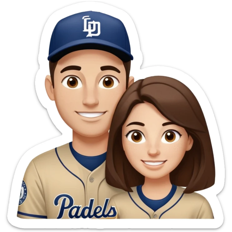 *White* couple smiling. Woman has big cheeks and a lot of freckles on the nose. long brown hair. Man has black and very short hair and prominent eyebrows with egipcian nose. Both are wearing “Los Padres” baseball jerseys and with a sign that says “Go Padres!” sticker